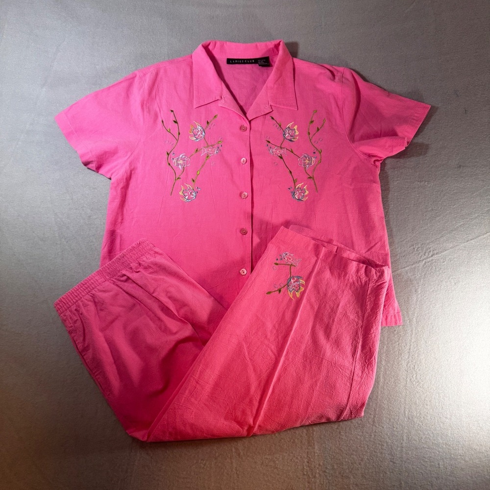 WTG Ladies Club Pink Cotton Loungewear Set 2X Embroidered Tropical Fish Hot Pink - Picture 4 of 8